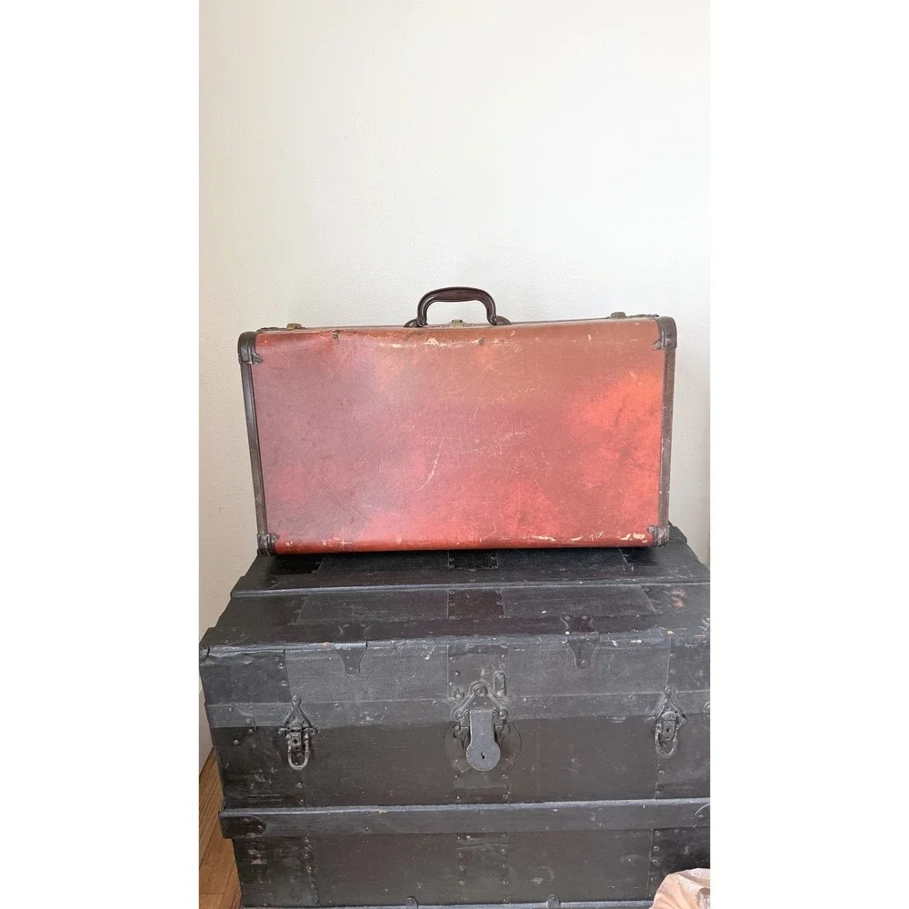 Vintage Burnt Orange Hard Shell Suitcase with Key Metal Trim